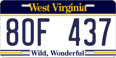 WV license plate 8OF437