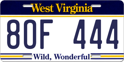 WV license plate 8OF444