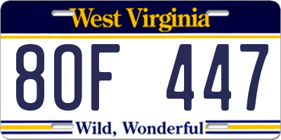 WV license plate 8OF447