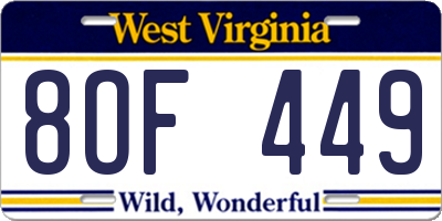 WV license plate 8OF449