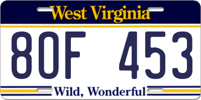 WV license plate 8OF453