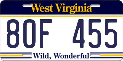 WV license plate 8OF455