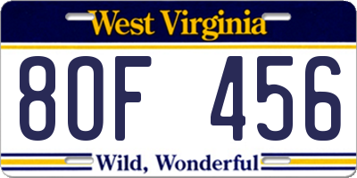 WV license plate 8OF456