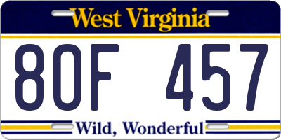 WV license plate 8OF457