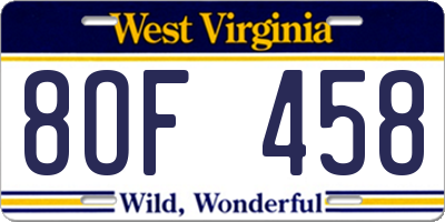WV license plate 8OF458