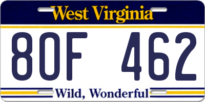 WV license plate 8OF462