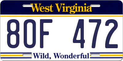 WV license plate 8OF472