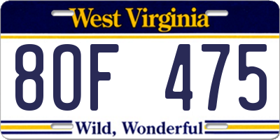 WV license plate 8OF475