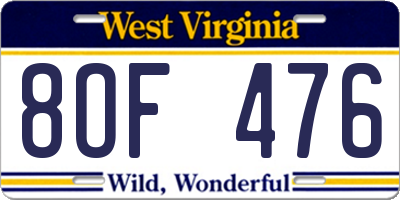 WV license plate 8OF476