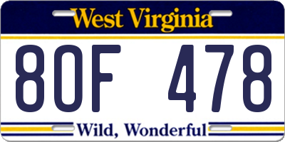WV license plate 8OF478