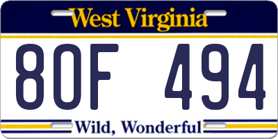WV license plate 8OF494