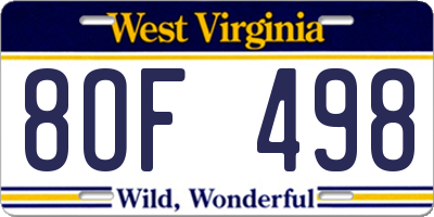 WV license plate 8OF498