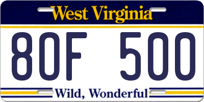 WV license plate 8OF500