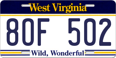 WV license plate 8OF502