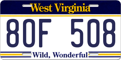 WV license plate 8OF508