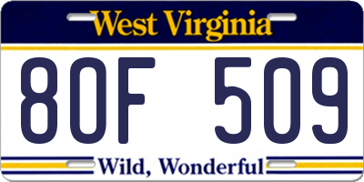 WV license plate 8OF509