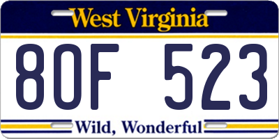 WV license plate 8OF523
