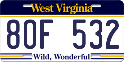 WV license plate 8OF532