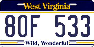 WV license plate 8OF533
