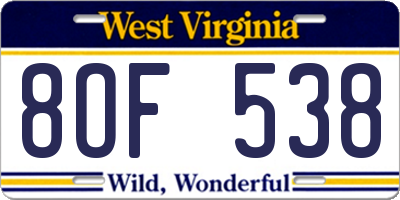 WV license plate 8OF538