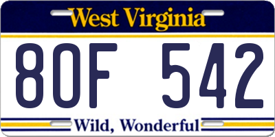 WV license plate 8OF542