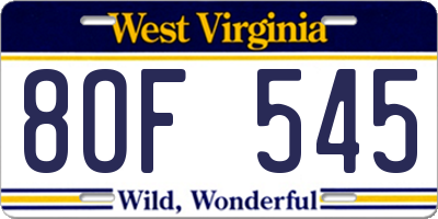 WV license plate 8OF545