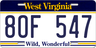 WV license plate 8OF547