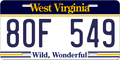 WV license plate 8OF549
