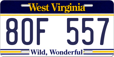 WV license plate 8OF557