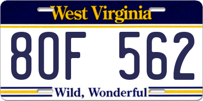 WV license plate 8OF562