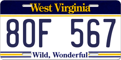 WV license plate 8OF567