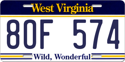 WV license plate 8OF574