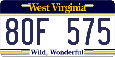 WV license plate 8OF575