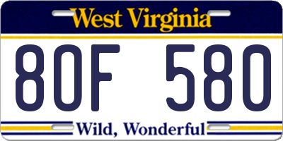 WV license plate 8OF580
