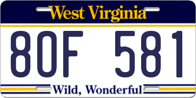 WV license plate 8OF581