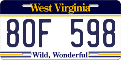 WV license plate 8OF598