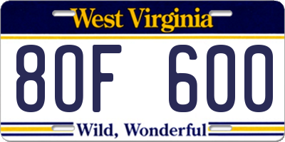 WV license plate 8OF600