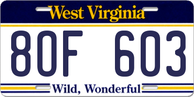 WV license plate 8OF603