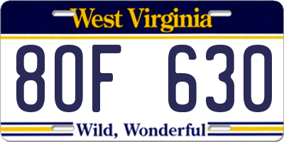 WV license plate 8OF630