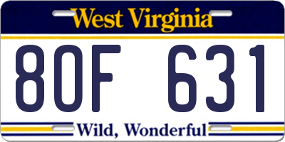 WV license plate 8OF631