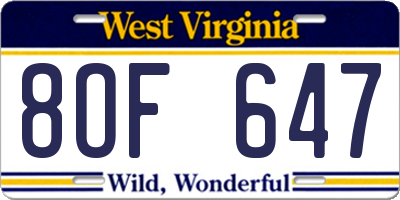 WV license plate 8OF647
