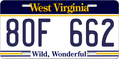 WV license plate 8OF662