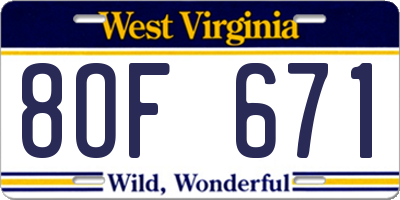 WV license plate 8OF671