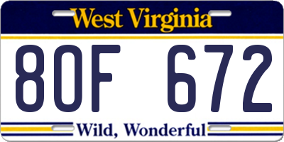 WV license plate 8OF672
