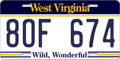 WV license plate 8OF674