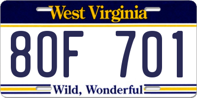 WV license plate 8OF701