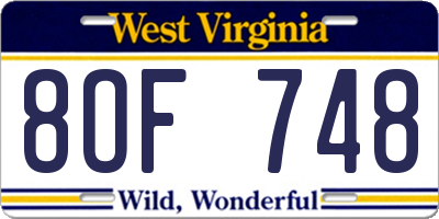 WV license plate 8OF748