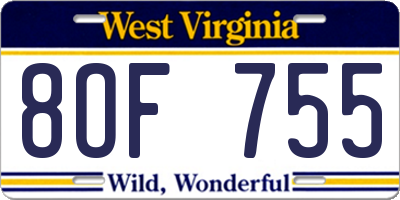 WV license plate 8OF755