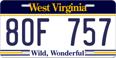 WV license plate 8OF757