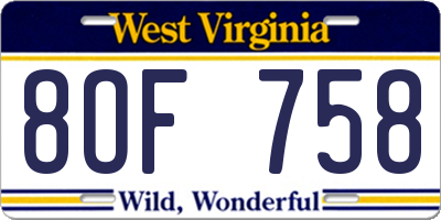 WV license plate 8OF758